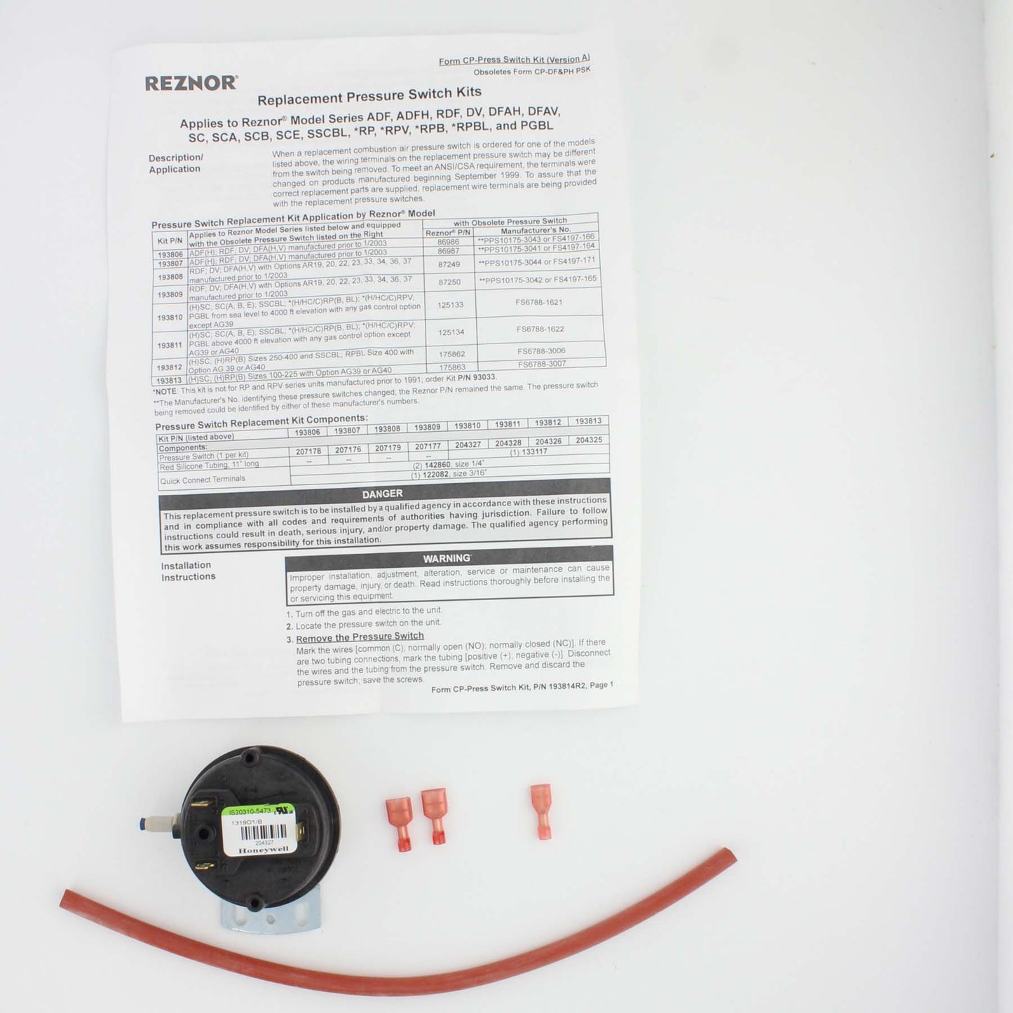 Reznor 193810 Duct Furnace Pressure Switch Kit