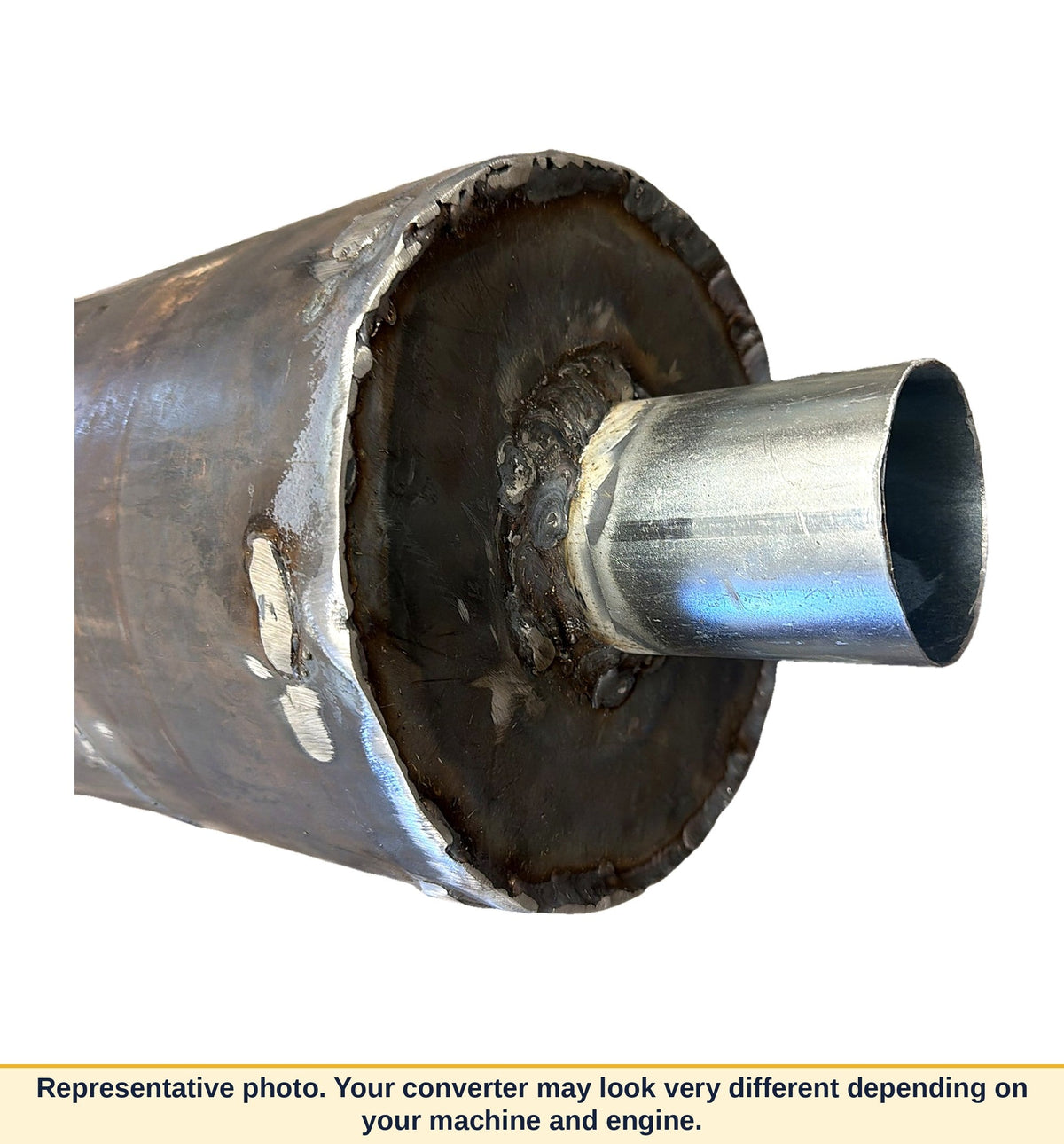 New welded outlet pipe on the end cap of a DCL Mine-X industrial catalytic converter. Representative photo; the customer's converter may look very different depending on machine and engine.