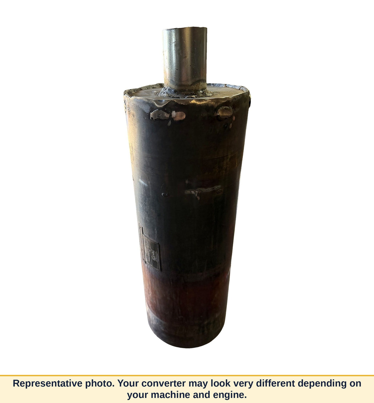 DCL Mine-X industrial catalytic converter with new welded inlet pipe, full view. Representative photo; the customer's converter may look very different depending on machine and engine.