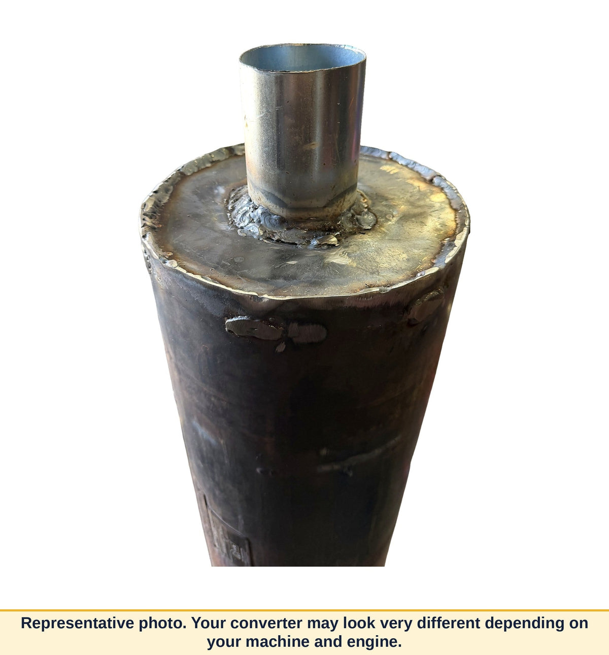 New welded inlet pipe on a DCL Mine-X industrial catalytic converter. Representative photo; the customer's converter may look very different depending on machine and engine.