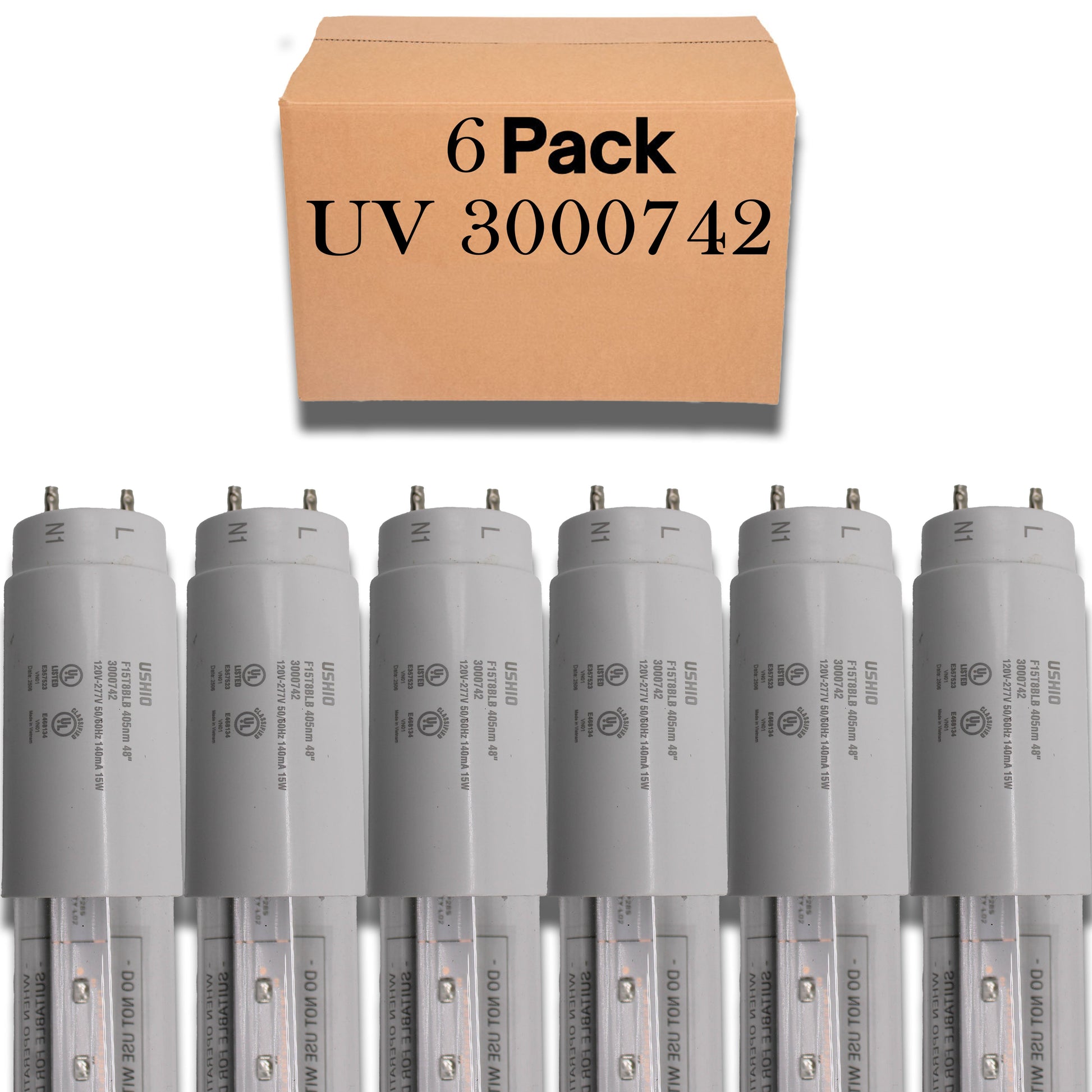 6 Pack of Ushio Indiglow LED T8 Black Light Blacklight bulbs Universal 48" Tube, 15W, 405nm, Ballast Compatible or Bypass, 120–277V - 3000742