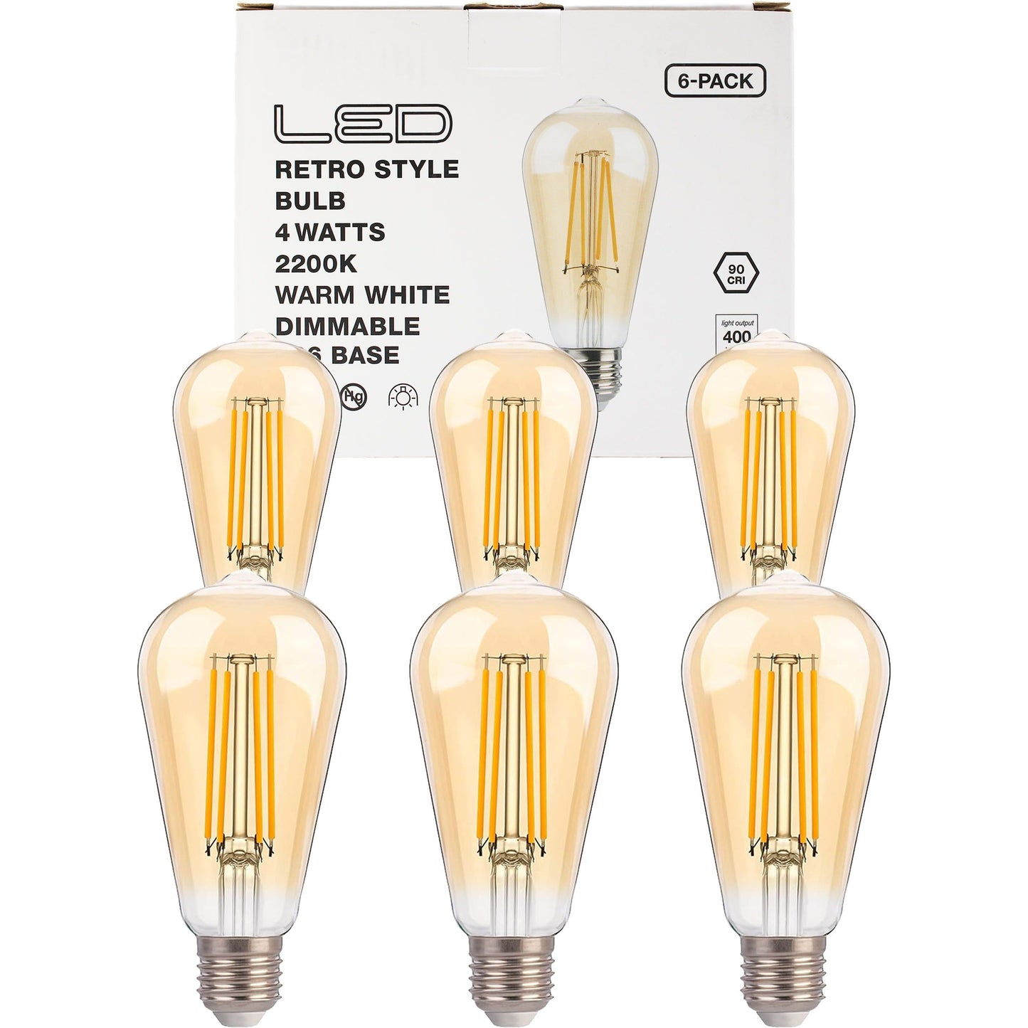 ST19 LED Edison Bulbs - 2200K Warm White, Amber Glass, 4W (40W Equivalent), Dimmable, CRI90+, 400LM, E26 Base, Energy-Efficient Vintage Light for Pendant Fixtures & Indoor Use - 6 Pack