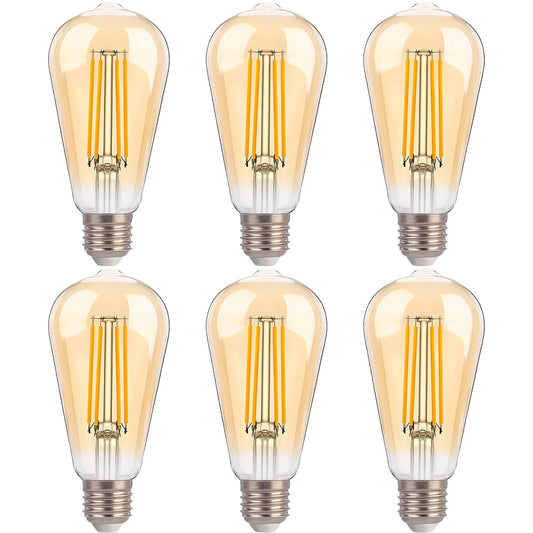 ST19 LED Edison Bulbs - 2200K Warm White, Amber Glass, 4W (40W Equivalent), Dimmable, CRI90+, 400LM, E26 Base, Energy-Efficient Vintage Light for Pendant Fixtures & Indoor Use - 6 Pack