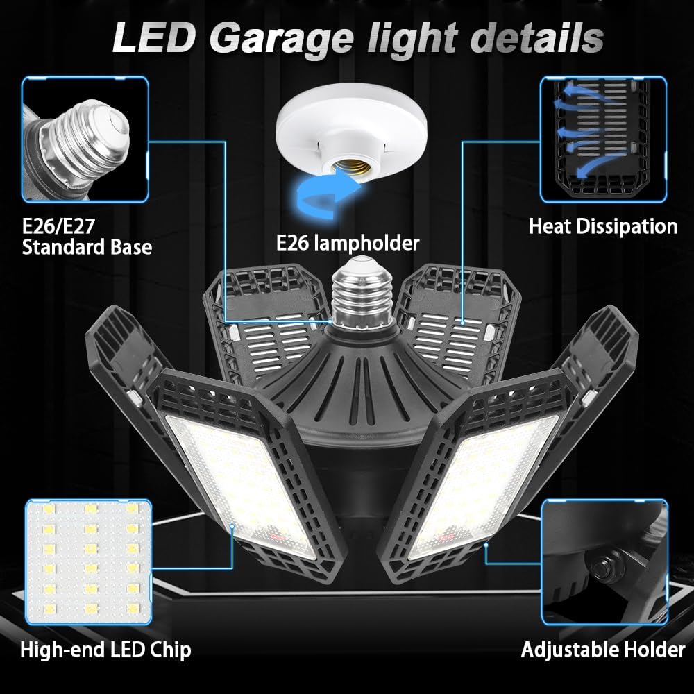 2 Pack LED Adjustable 6 Leaf Garage Light, 200W 8000 Lumen 6500K - Deformable 6+1 Panels, E26/E27 Screw-In Ceiling Lights for Shop, Garage, Workshop, Basement, Barn, & More