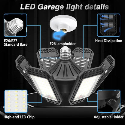 2 Pack LED Adjustable 6 Leaf Garage Light, 200W 8000 Lumen 6500K - Deformable 6+1 Panels, E26/E27 Screw-In Ceiling Lights for Shop, Garage, Workshop, Basement, Barn, & More