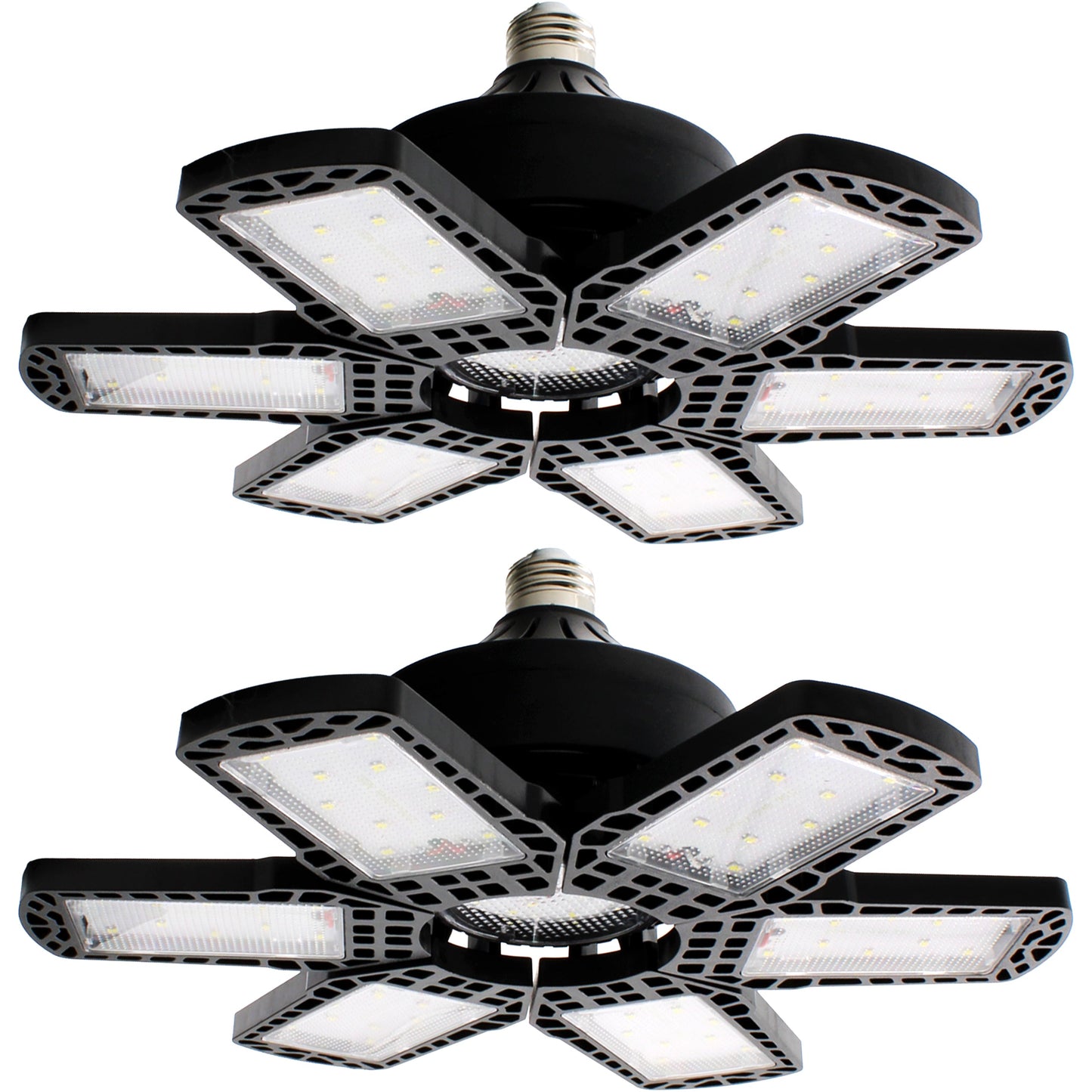 2 Pack LED Adjustable 6 Leaf Garage Light, 200W 8000 Lumen 6500K - Deformable 6+1 Panels, E26/E27 Screw-In Ceiling Lights for Shop, Garage, Workshop, Basement, Barn, & More