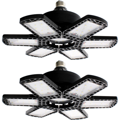 2 Pack LED Adjustable 6 Leaf Garage Light, 200W 8000 Lumen 6500K - Deformable 6+1 Panels, E26/E27 Screw-In Ceiling Lights for Shop, Garage, Workshop, Basement, Barn, & More
