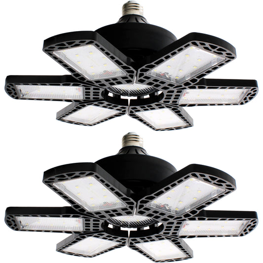 2 Pack LED Adjustable 6 Leaf Garage Light, 200W 8000 Lumen 6500K - Deformable 6+1 Panels, E26/E27 Screw-In Ceiling Lights for Shop, Garage, Workshop, Basement, Barn, & More