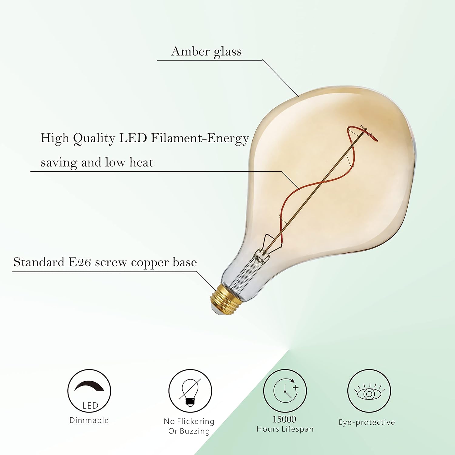 A165S Oversized Vintage LED Edison Bulb, Amber Decorative E26 Dimmable 7W, 560 Lumens, Warm White 2200K, 1 Pack