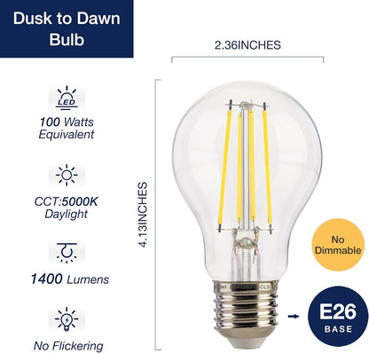 Dusk to Dawn Outdoor Sensor A19 LED Light Bulb, 5000K Daylight,8W (100W Eqv.), 1400LM, Vintage Filament E26 Base,Auto On/Off Photocell Automatic for Energy-Efficient Outdoor Lighting, 4 Pack