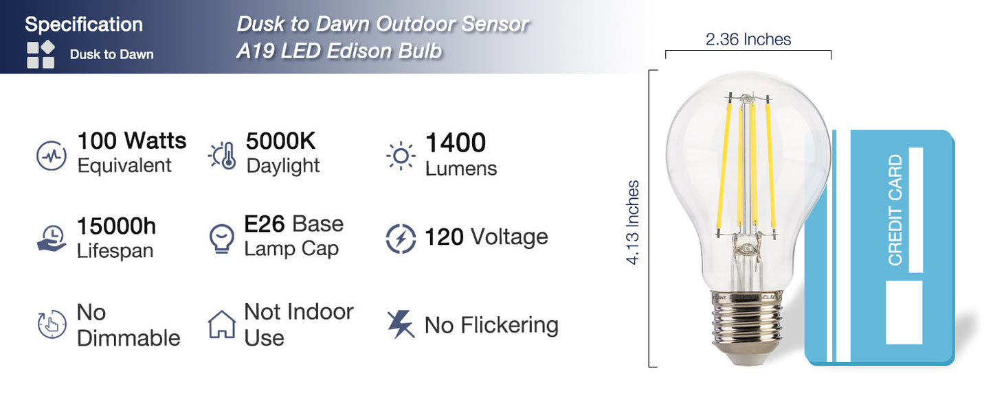 Dusk to Dawn Outdoor Sensor A19 LED Light Bulb, 5000K Daylight,8W (100W Eqv.), 1400LM, Vintage Filament E26 Base,Auto On/Off Photocell Automatic for Energy-Efficient Outdoor Lighting, 4 Pack