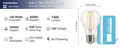 Dusk to Dawn Outdoor Sensor A19 LED Light Bulb, 5000K Daylight,8W (100W Eqv.), 1400LM, Vintage Filament E26 Base,Auto On/Off Photocell Automatic for Energy-Efficient Outdoor Lighting, 4 Pack