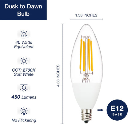 Dusk to Dawn Outdoor Sensor LED Edison Bulbs, 4W (40W Eqv.), 450LM, B11 LED Candelabra Bulb E12 Base, Auto On/Off Photocell for Energy-Efficient, 2700K Soft White, 4 Pack