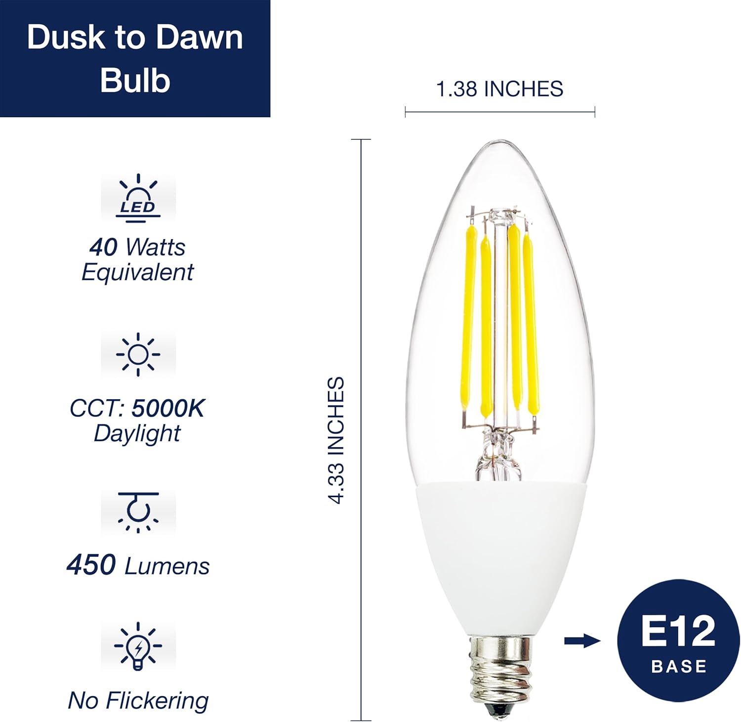 Dusk to Dawn Outdoor Sensor LED Edison Bulbs, 4W (40W Eqv.), 450LM, B11 LED Candelabra Bulb E12 Base, Auto On/Off Photocell for Energy-Efficient, 5000K Cool White, 4 Pack
