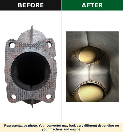 Wood chipper catalytic converter rebuild, before and after: worn inlet flange and new ceramic substrates inside the rebuilt unit. Representative photo; the customer's converter may look very different depending on machine and engine.