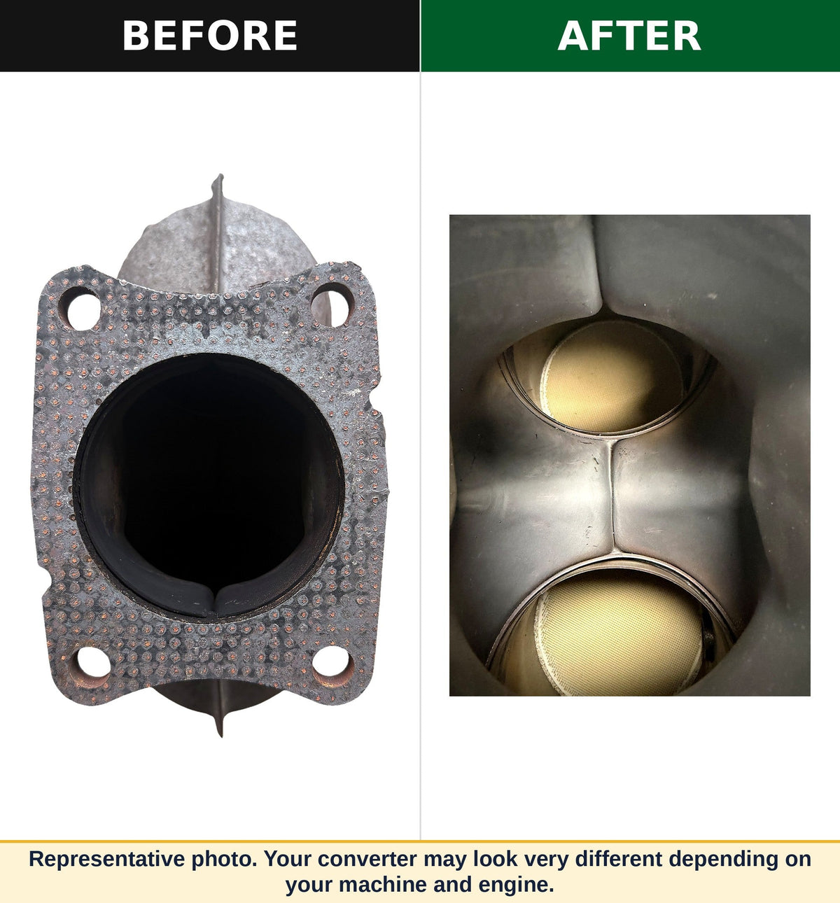 Wood chipper catalytic converter rebuild, before and after: worn inlet flange and new ceramic substrates inside the rebuilt unit. Representative photo; the customer's converter may look very different depending on machine and engine.
