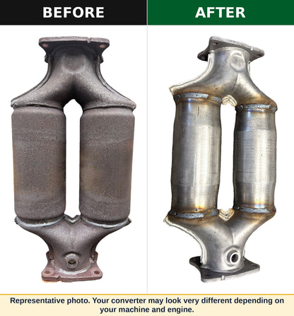 Wood chipper catalytic converter rebuild, before and after: worn dual-can converter next to the rebuilt unit. Representative photo; the customer's converter may look very different depending on machine and engine.