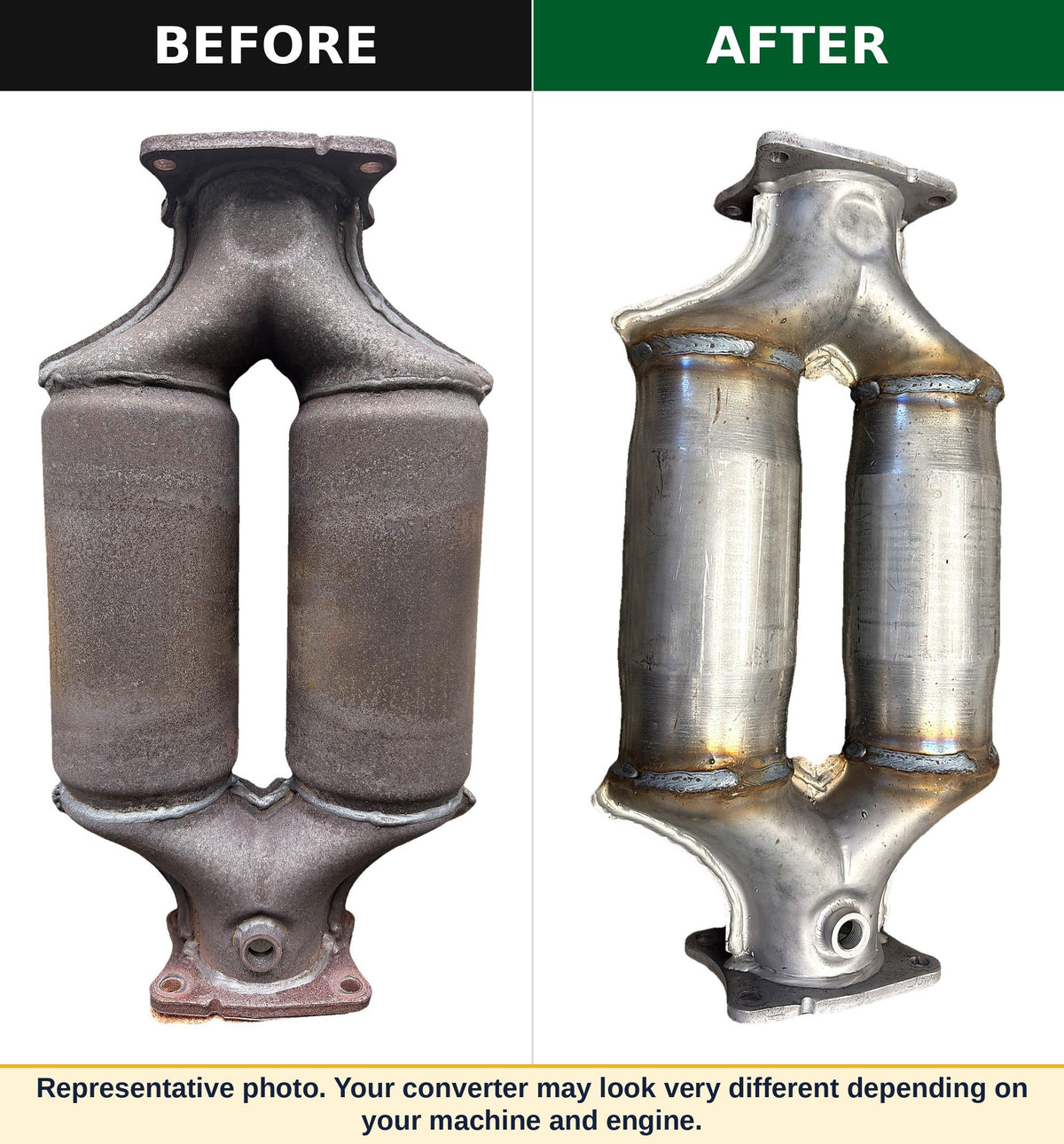Wood chipper catalytic converter rebuild, before and after: worn dual-can converter next to the rebuilt unit. Representative photo; the customer's converter may look very different depending on machine and engine.