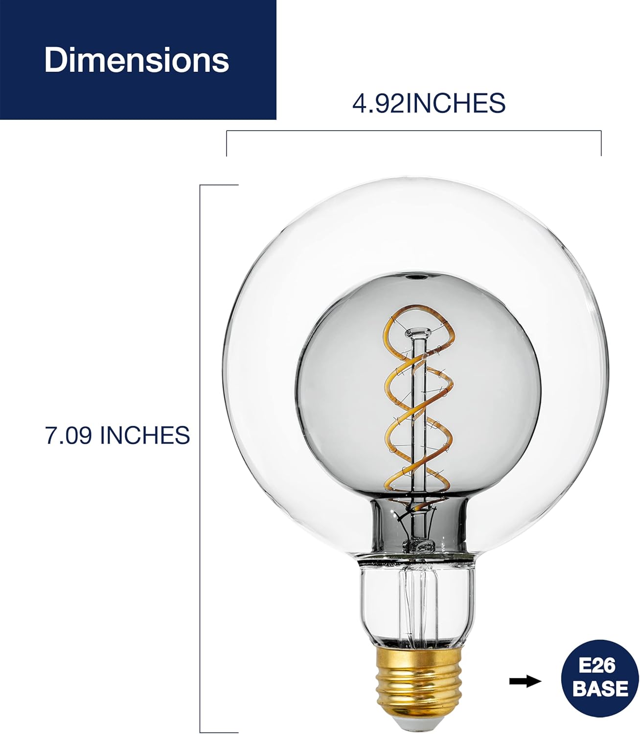 Oversized G125 Globe LED Edison Bulbs - 2700K Soft White, Dimmable, 7W (40W Equivalent), E26 Base, Smoke Glass, CRI90, 300 Lumens - 1 Pack
