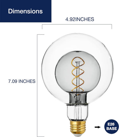 Oversized G125 Globe LED Edison Bulbs - 2700K Soft White, Dimmable, 7W (40W Equivalent), E26 Base, Smoke Glass, CRI90, 300 Lumens - 1 Pack