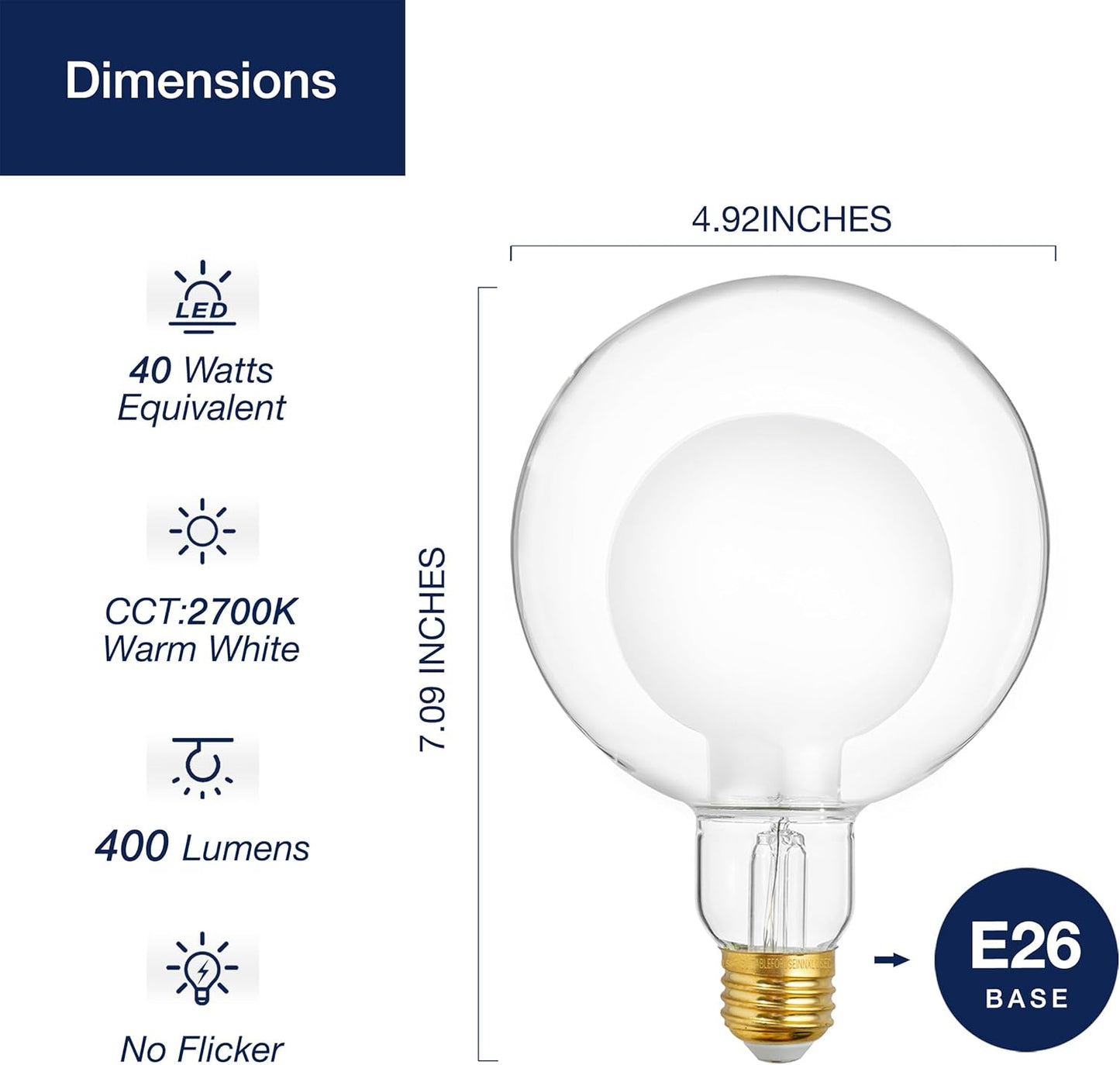 G125 Frosted Decorative Dimmable Globe LED Edison Bulbs - 2700K Soft White, 7W (40W Equivalent), 400LM, E26 Base, CRI90, Energy-Efficient Accent Lighting for Indoor Use