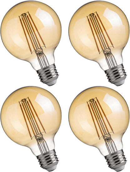 G25 LED Edison Light Bulbs - 2200K Warm White, Dimmable, 4W (40W Equivalent), 400LM, E26 Base, Amber Glass, CRI90, Energy-Efficient Accent Lighting for Indoor Use - 4 Pack