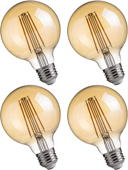 G25 LED Edison Light Bulbs - 2200K Warm White, Dimmable, 4W (40W Equivalent), 400LM, E26 Base, Amber Glass, CRI90, Energy-Efficient Accent Lighting for Indoor Use - 4 Pack