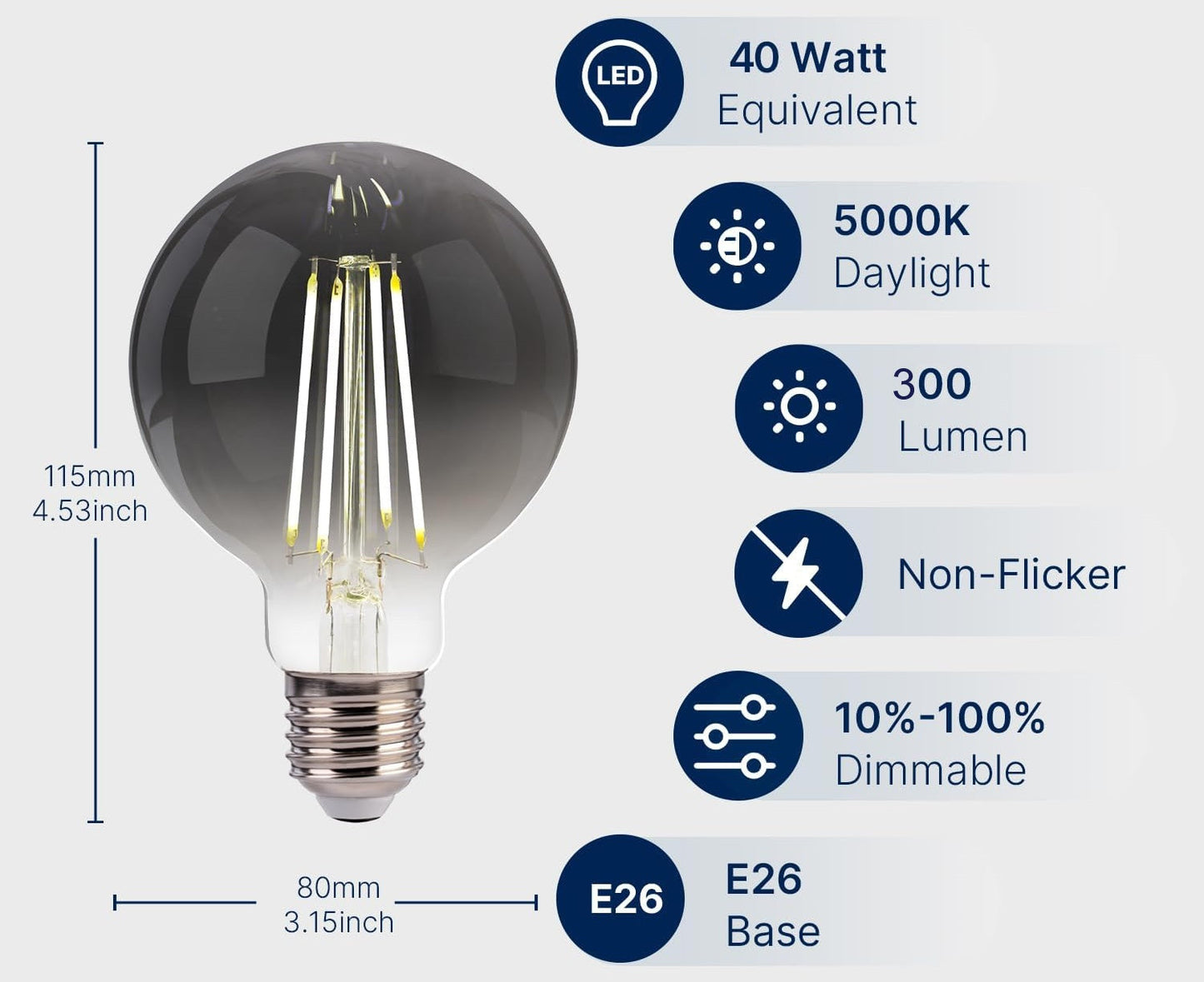 G25 Dimmable Globe LED Edison Bulbs - 5000K Daylight, Smoky Grey Glass, 4W (40W Equivalent), 300LM, E26 Base, CRI80, Energy-Efficient Decorative Lighting for Home & Commercial Use - 4 Pack