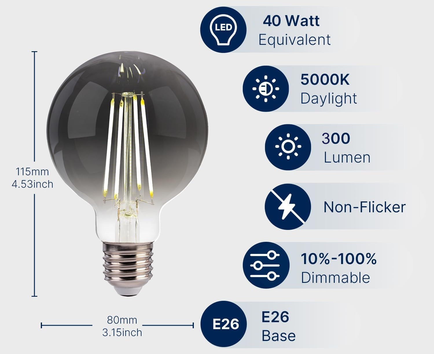 G25 Dimmable Globe LED Edison Bulbs - 5000K Daylight, Smoky Grey Glass, 4W (40W Equivalent), 300LM, E26 Base, CRI80, Energy-Efficient Decorative Lighting for Home & Commercial Use - 4 Pack