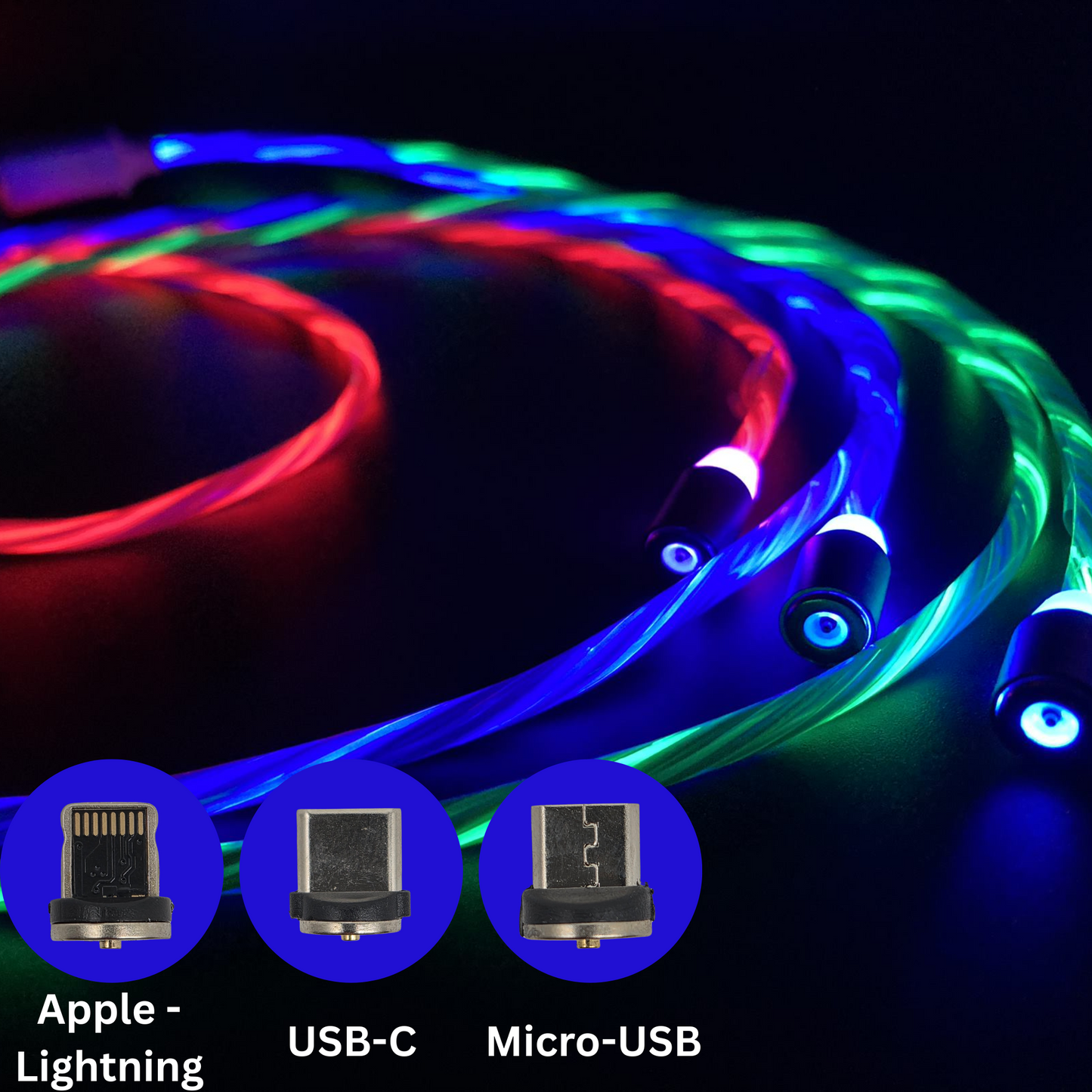 Flowing LED Charging Cables with Quick Disconnect Magnetic Tips for Smart Phones, Tablets, and More!