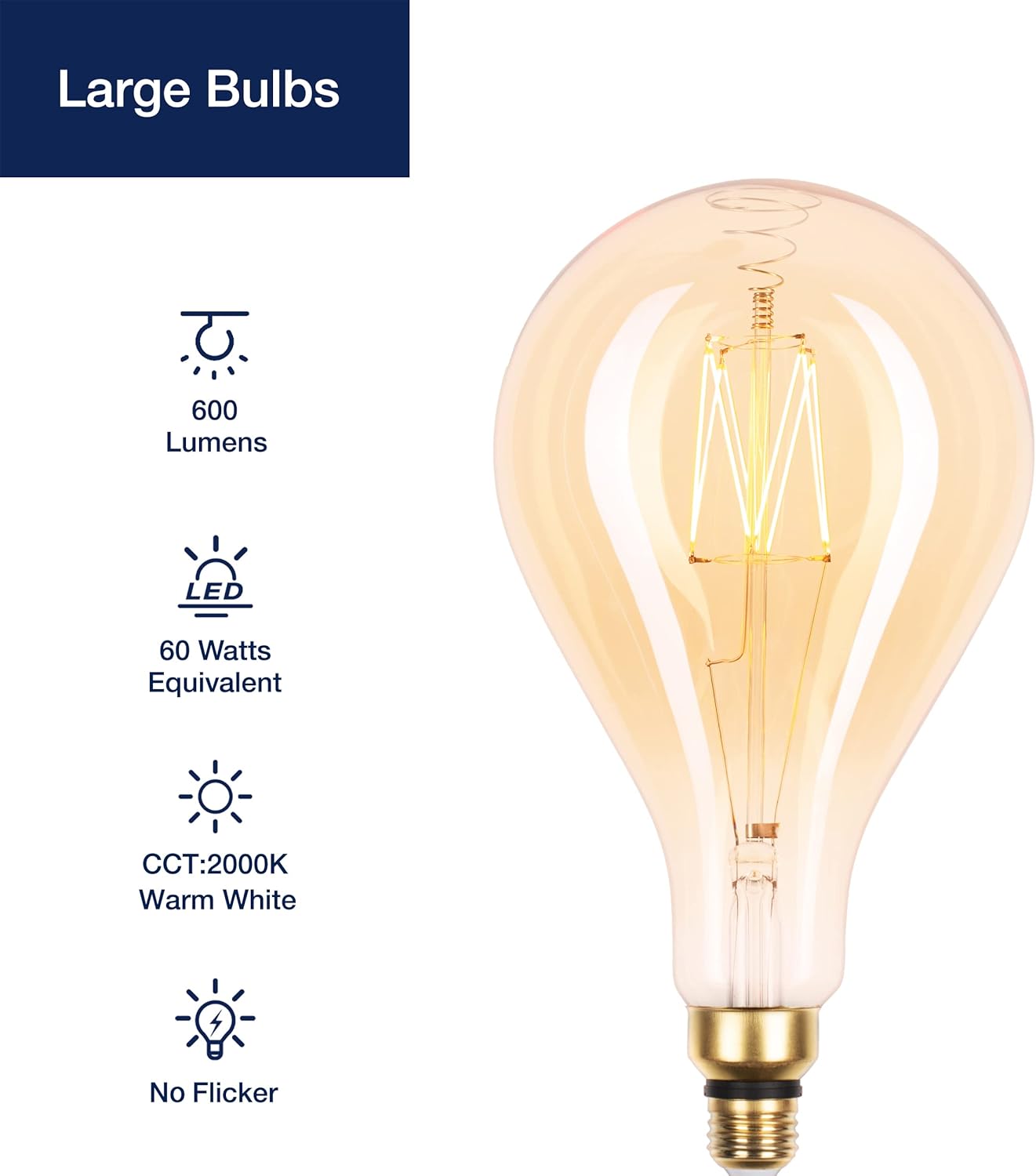 LED Large Decorative Pendant Light Bulbs 60W Equivalent, Dimmable LED Oversized Bulbs with Amber Glass, 2000K Warm White, 7W, 600LM, E26 Base, PS160/PS52