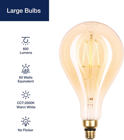 LED Large Decorative Pendant Light Bulbs 60W Equivalent, Dimmable LED Oversized Bulbs with Amber Glass, 2000K Warm White, 7W, 600LM, E26 Base, PS160/PS52