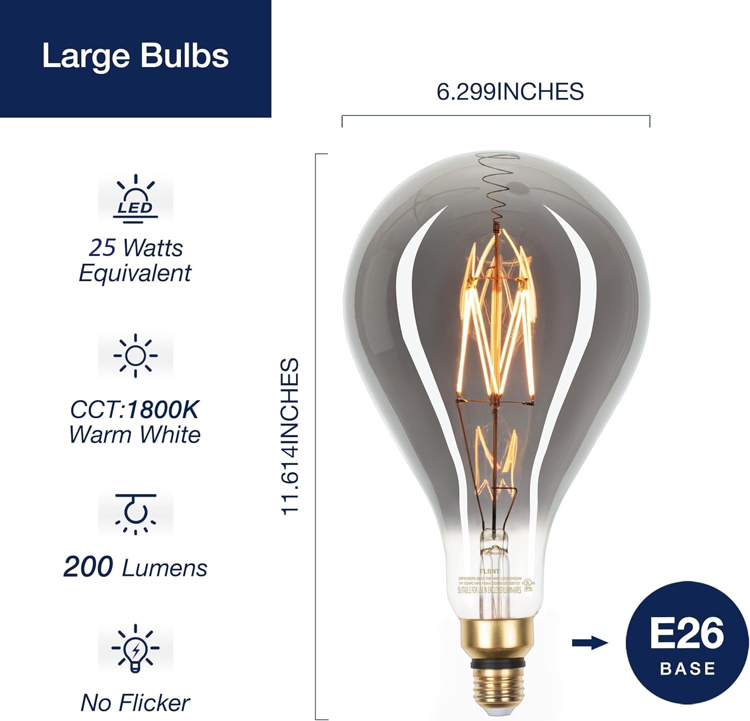 LED Large Decorative Pendant Light Bulbs 25W Equivalent, Dimmable LED Oversized Bulbs with Smoke Glass, 1800K Warm White, 7W, 200LM, E26 Base, PS160/PS52