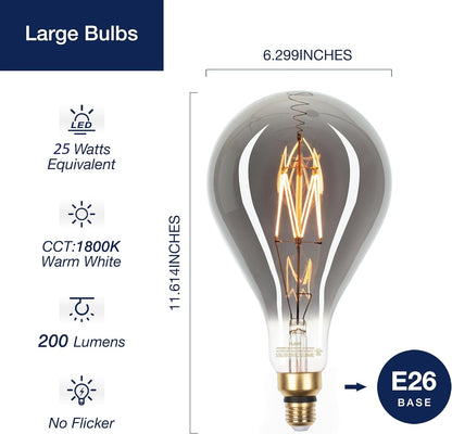 LED Large Decorative Pendant Light Bulbs 25W Equivalent, Dimmable LED Oversized Bulbs with Smoke Glass, 1800K Warm White, 7W, 200LM, E26 Base, PS160/PS52