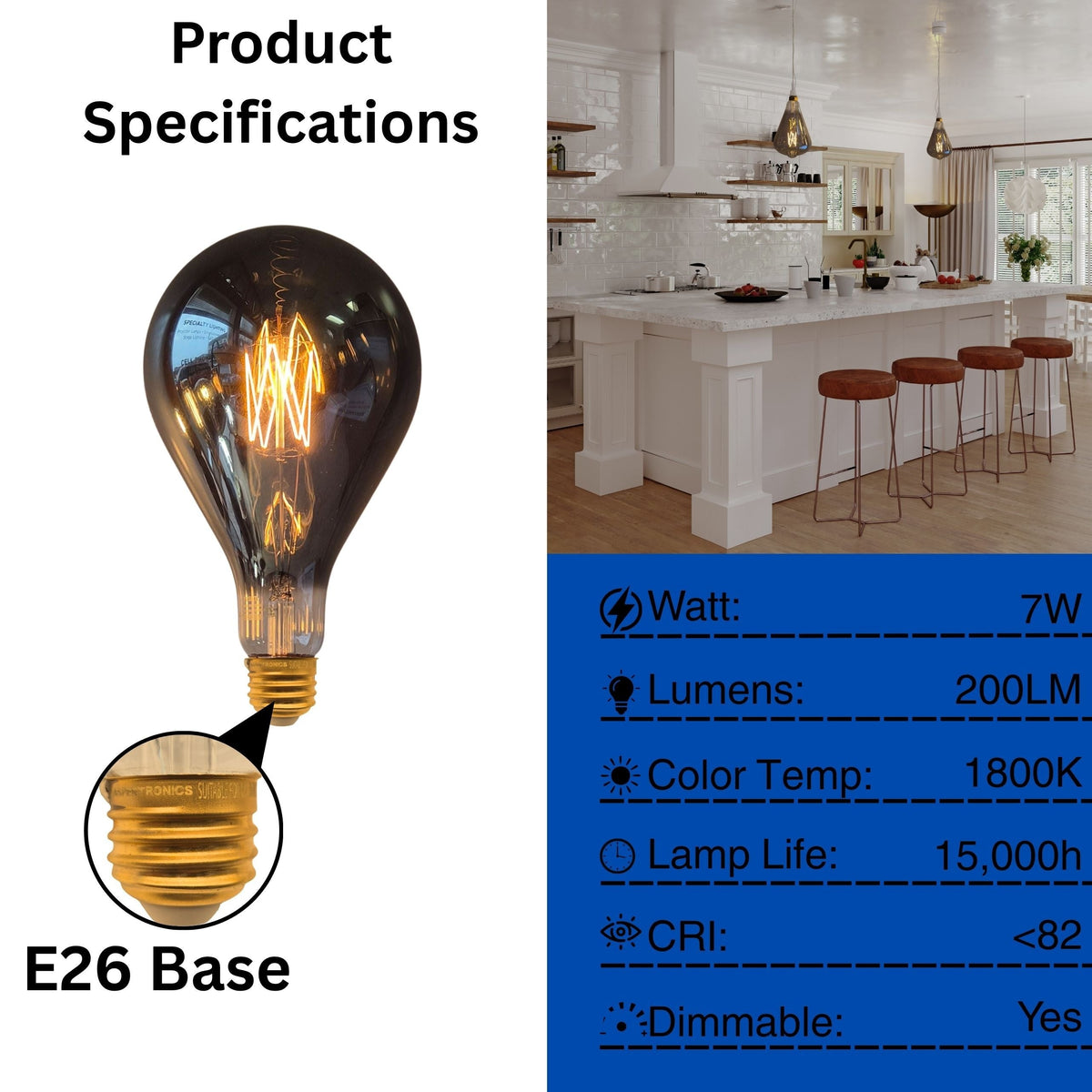 LED Large Decorative Pendant Light Bulbs 25W Equivalent, Dimmable LED Oversized Bulbs with Smoke Glass, 1800K Warm White, 7W, 200LM, E26 Base, PS160/PS52