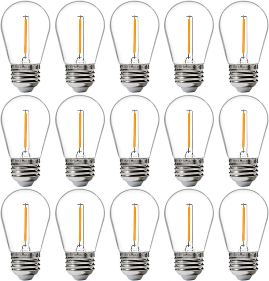 15-Pack Outdoor S14 LED Replacement Bulbs - 2200K Warm White, Shatterproof, Waterproof, E26 Base, Energy-Efficient for Patio, Garden, Bistro & Decorative String Lights