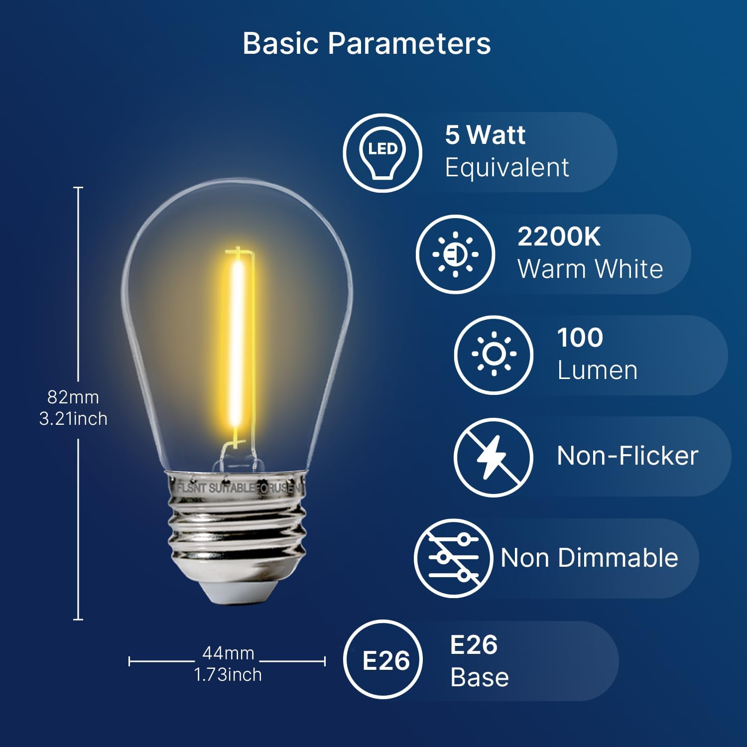 15-Pack Outdoor S14 LED Replacement Bulbs - 2200K Warm White, Shatterproof, Waterproof, E26 Base, Energy-Efficient for Patio, Garden, Bistro & Decorative String Lights