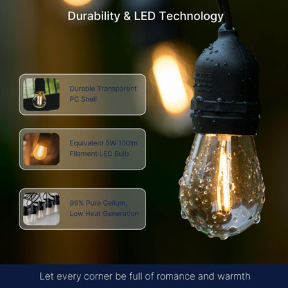 15-Pack Outdoor S14 LED Replacement Bulbs - 2200K Warm White, Shatterproof, Waterproof, E26 Base, Energy-Efficient for Patio, Garden, Bistro & Decorative String Lights