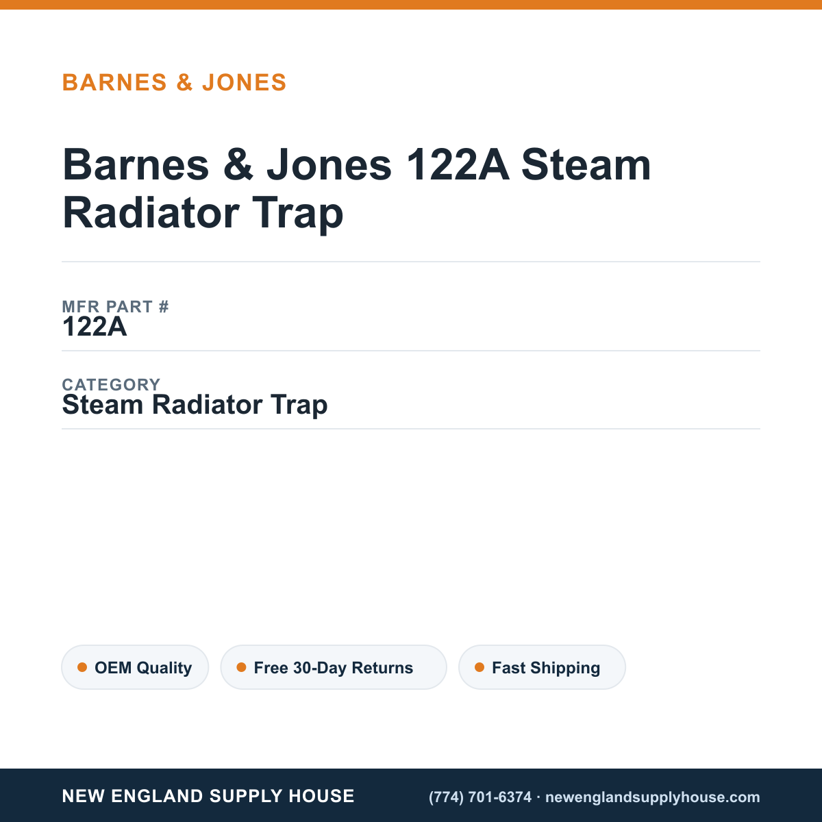Barnes & Jones 122A Steam Radiator Trap — New England Supply House spec card [NESH-SPEC-CARD-V2]