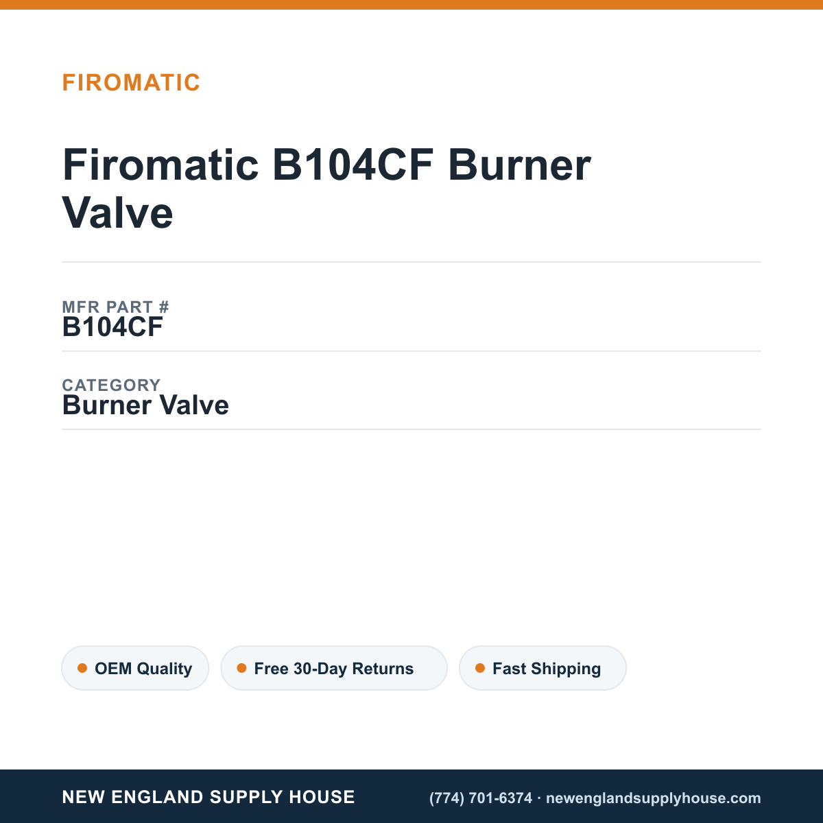 Firomatic B104CF Burner Valve — New England Supply House spec card [NESH-SPEC-CARD-V2]