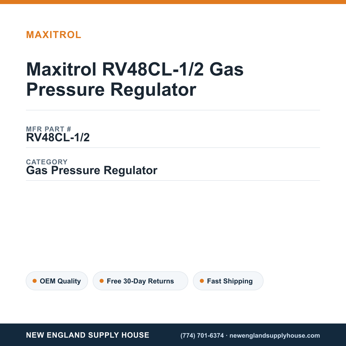 Maxitrol RV48CL-1/2 Gas Pressure Regulator — New England Supply House spec card [NESH-SPEC-CARD-V2]