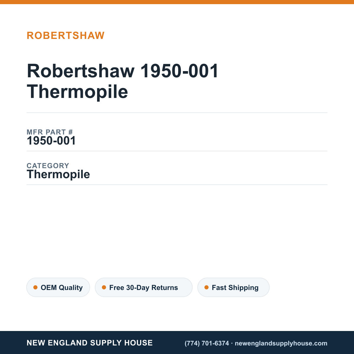 Robertshaw 1950-001 Thermopile — New England Supply House spec card [NESH-SPEC-CARD-V2]