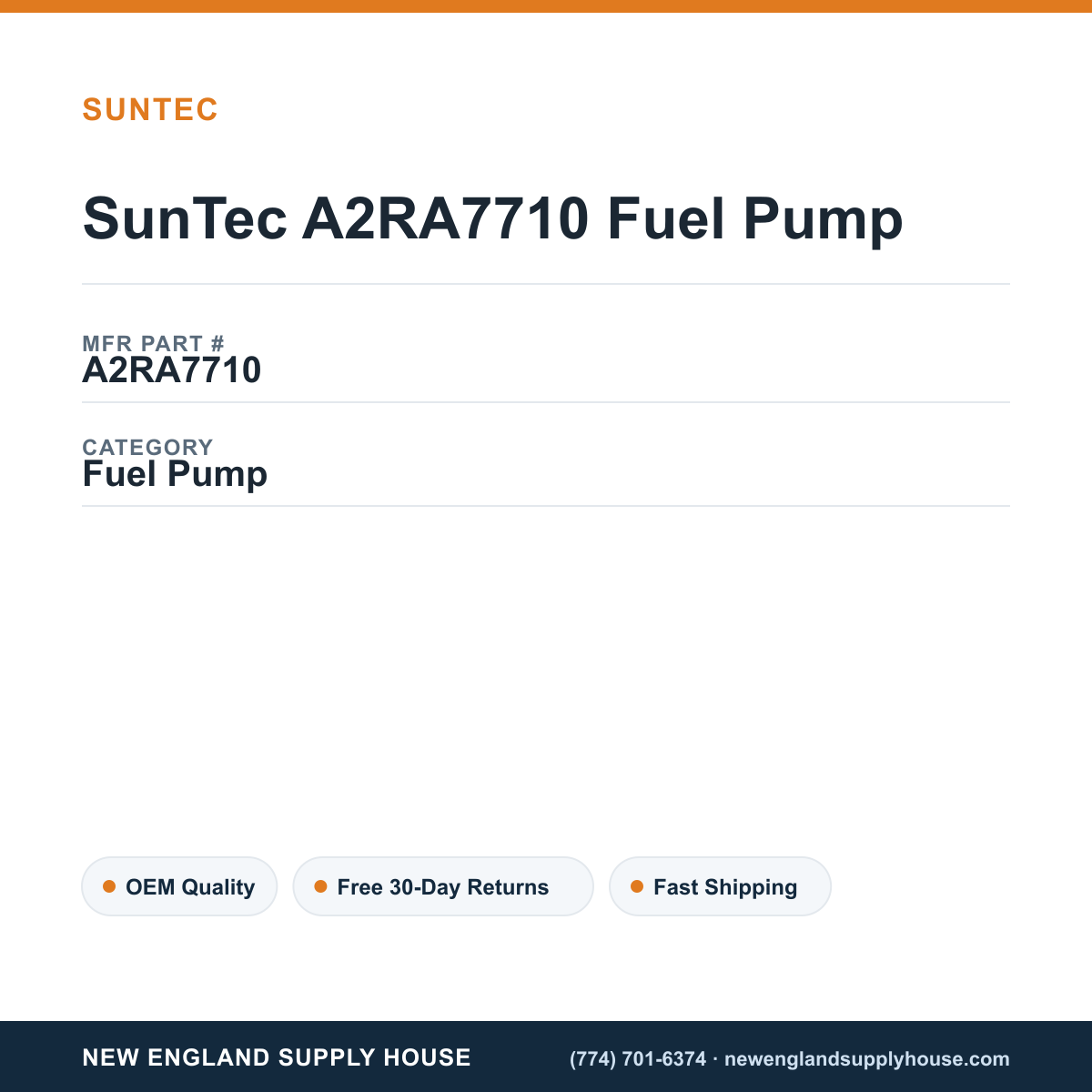 SunTec A2RA7710 Fuel Pump — New England Supply House spec card [NESH-SPEC-CARD-V2]