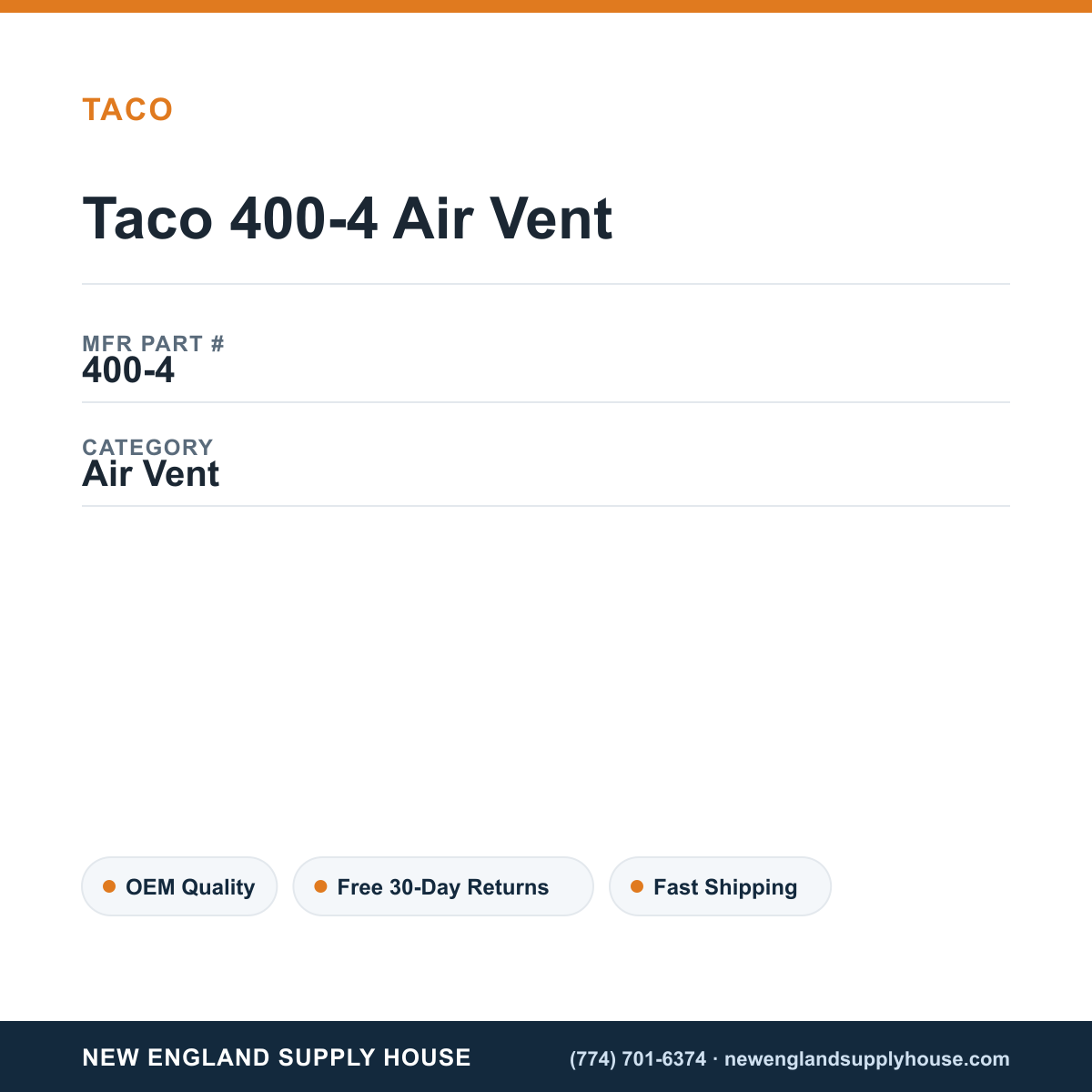 Taco 400-4 Air Vent — New England Supply House spec card [NESH-SPEC-CARD-V2]