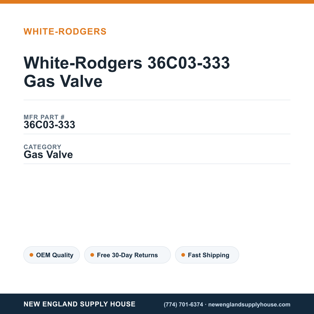 White-Rodgers 36C03-333 Gas Valve — New England Supply House spec card [NESH-SPEC-CARD-V2]