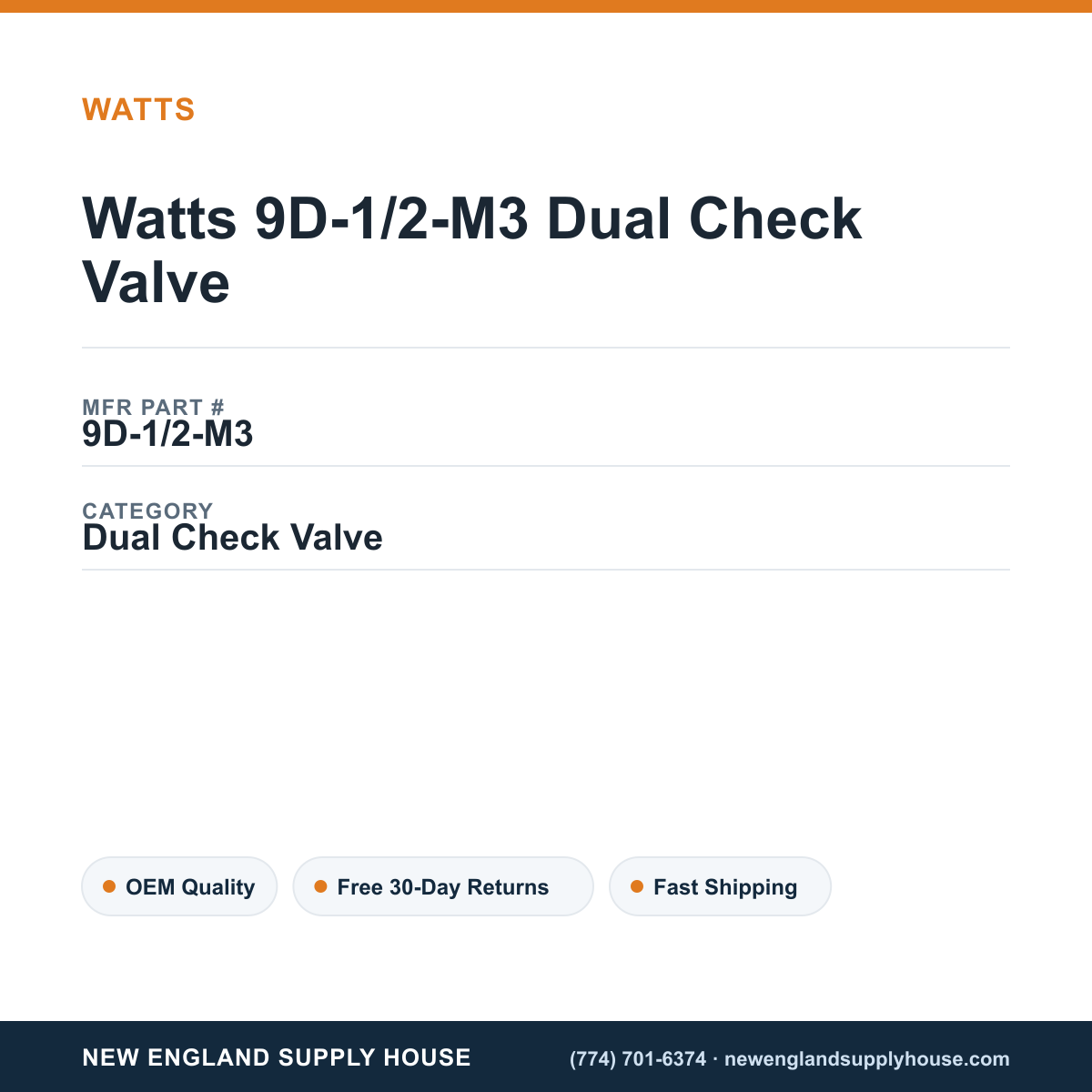 Watts 9D-1/2-M3 Dual Check Valve — New England Supply House spec card [NESH-SPEC-CARD-V2]