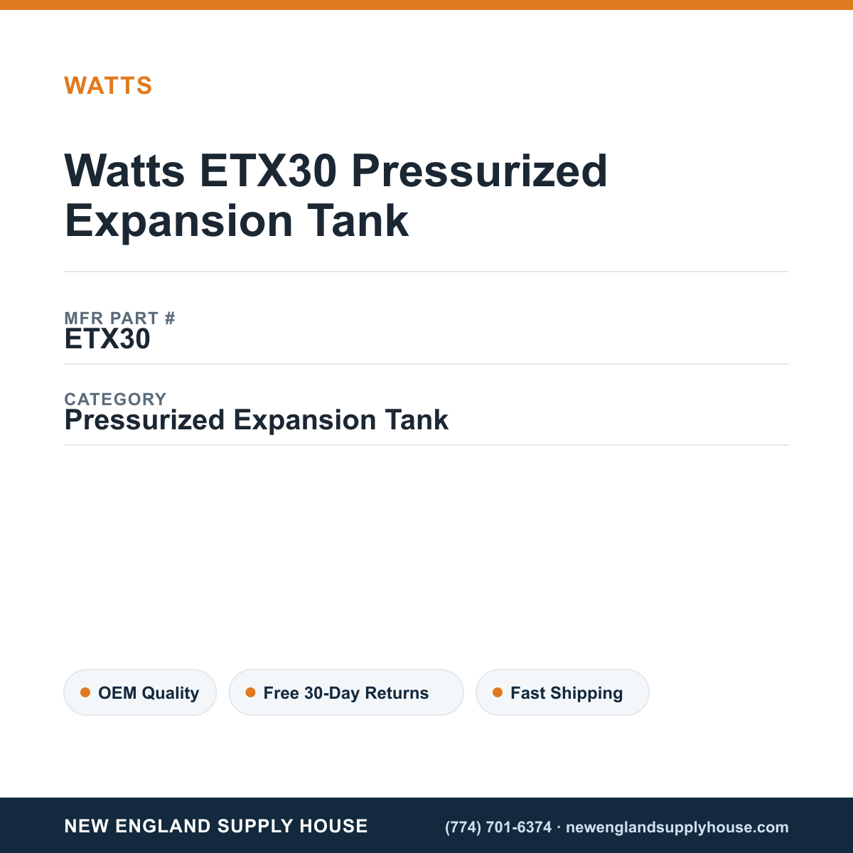 Watts ETX30 Pressurized Expansion Tank — New England Supply House spec card [NESH-SPEC-CARD-V2]