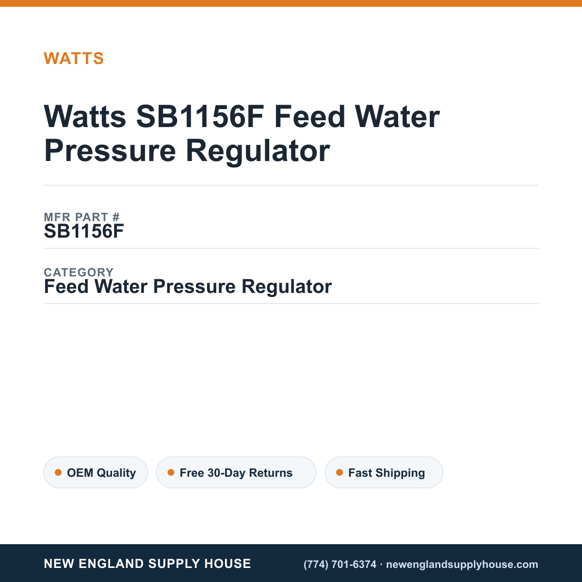 Watts SB1156F Feed Water Pressure Regulator — New England Supply House spec card [NESH-SPEC-CARD-V2]