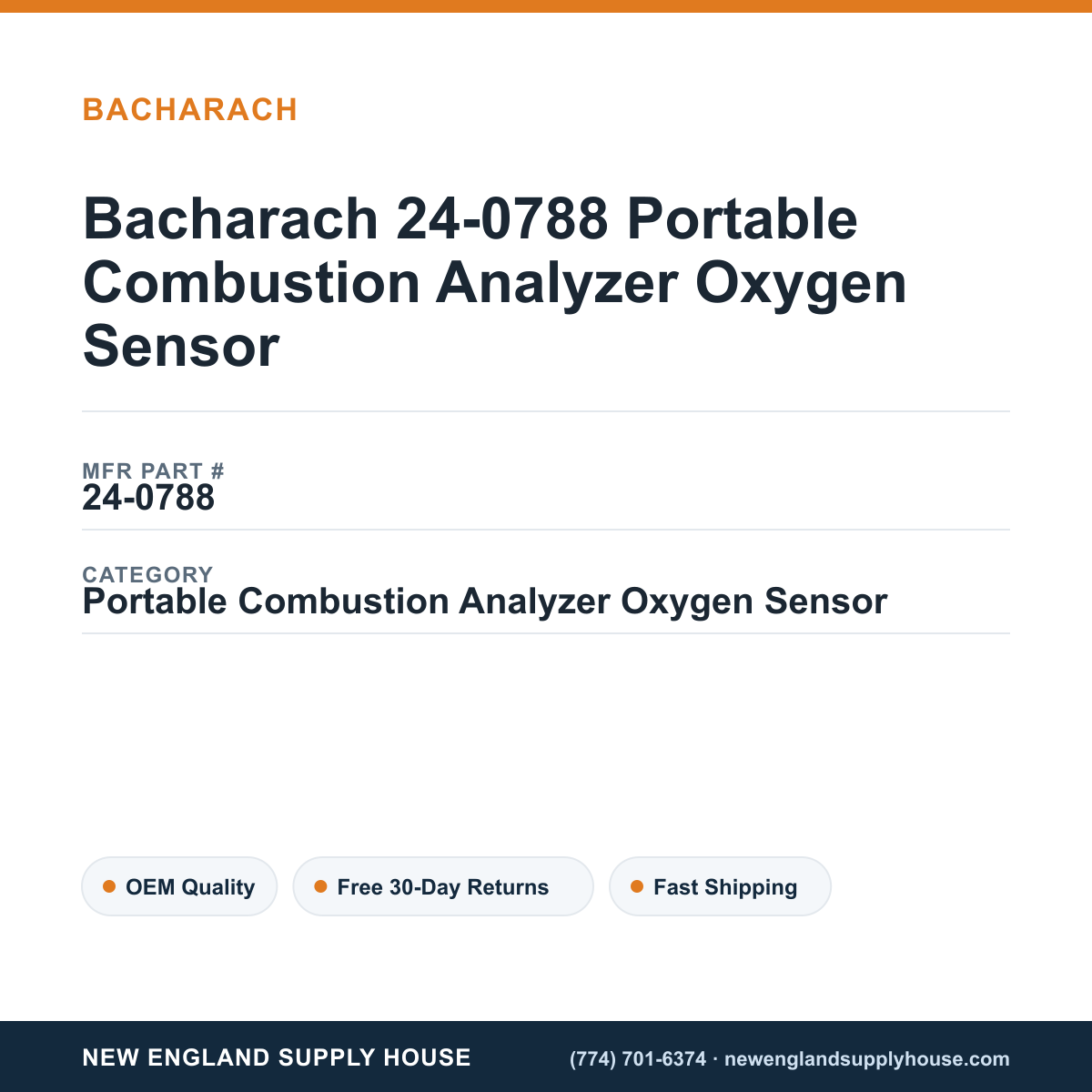 Bacharach 24-0788 Portable Combustion Analyzer Oxygen Sensor — New England Supply House spec card [NESH-SPEC-CARD-V2]