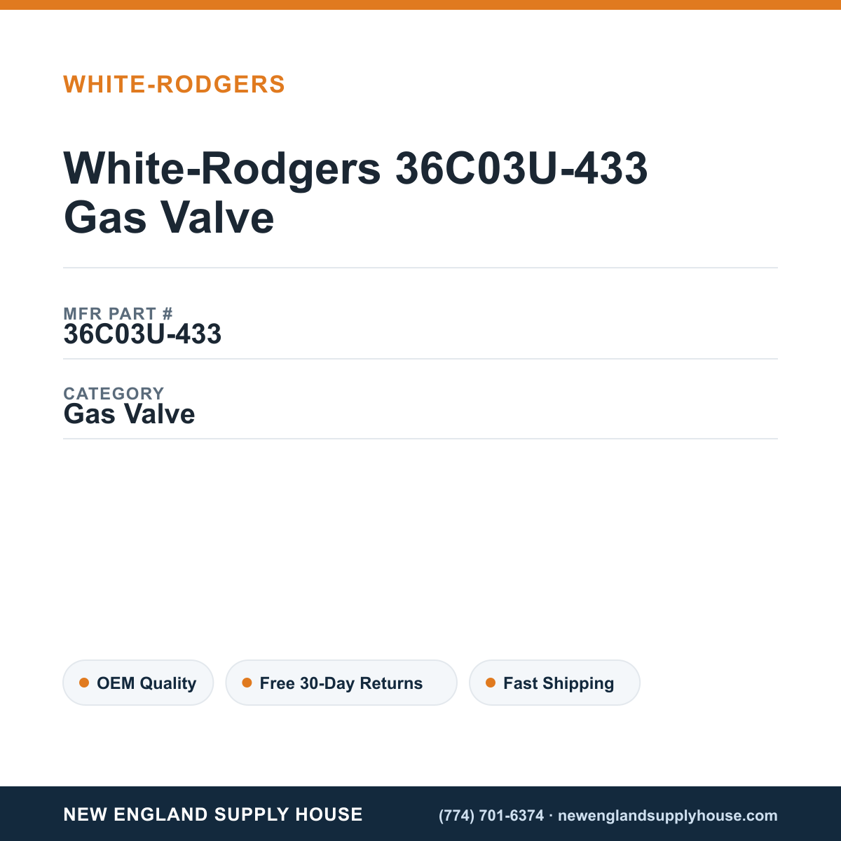 White-Rodgers 36C03U-433 Gas Valve — New England Supply House spec card [NESH-SPEC-CARD-V2]